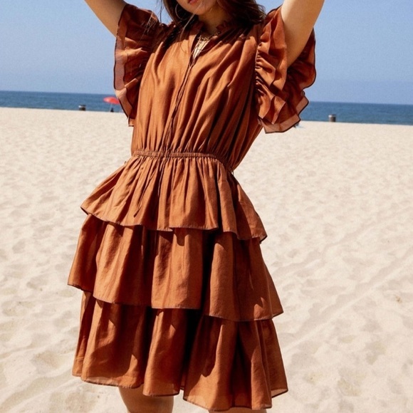 CURRENT AIR Rust Brown Tiered Flutter Sleeve Mini Dress - Picture 3 of 5